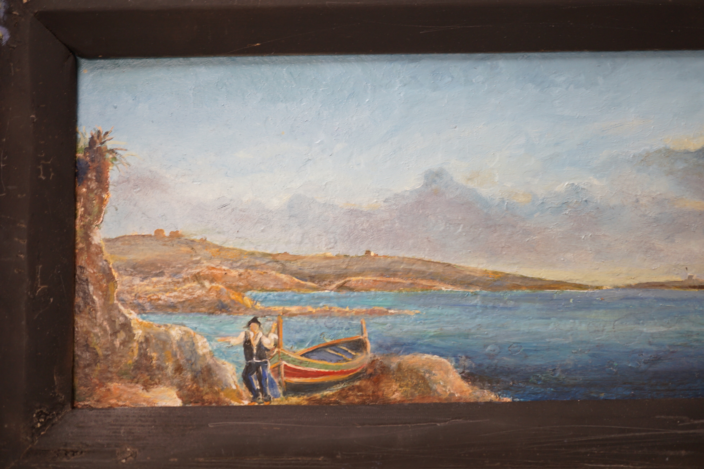 Maltese School, oil on board, Panoramic view of St. Paul's Bay, Malta, 37 x 14cm